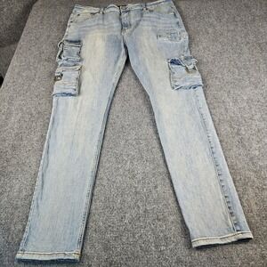 Serenede Mens Light Wash Cargo Denim Jeans Slim Fit Buckle Pockets Size 40